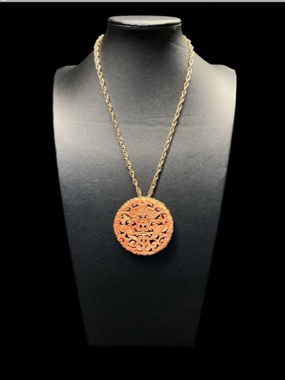 Vintage Signed Hobe Faux Coral Carved Shou Longevity Medallion Pendant Brooch